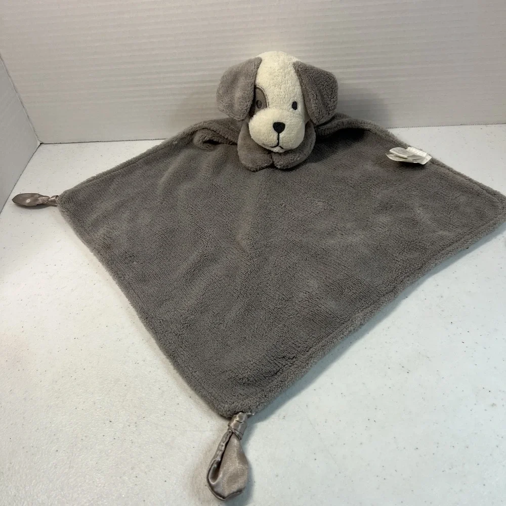 Modern Baby Gray & White Plush Dog Security Blanket Lovey Soft Satin Trim Knots
